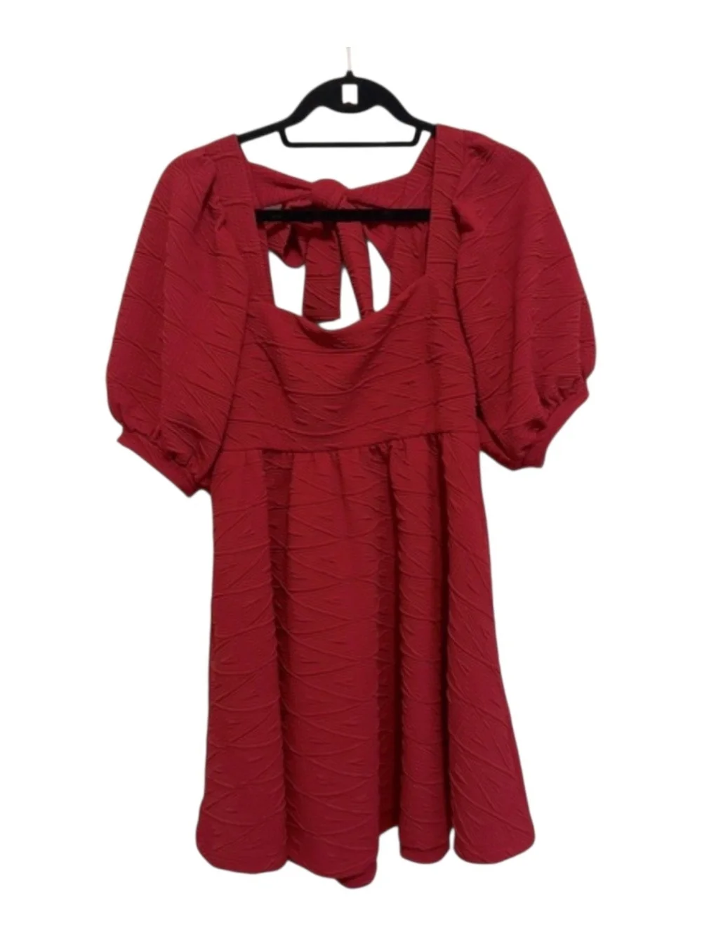 Free People Burgundy Textured Square-Neck Puff-Sleeve Mini Dress